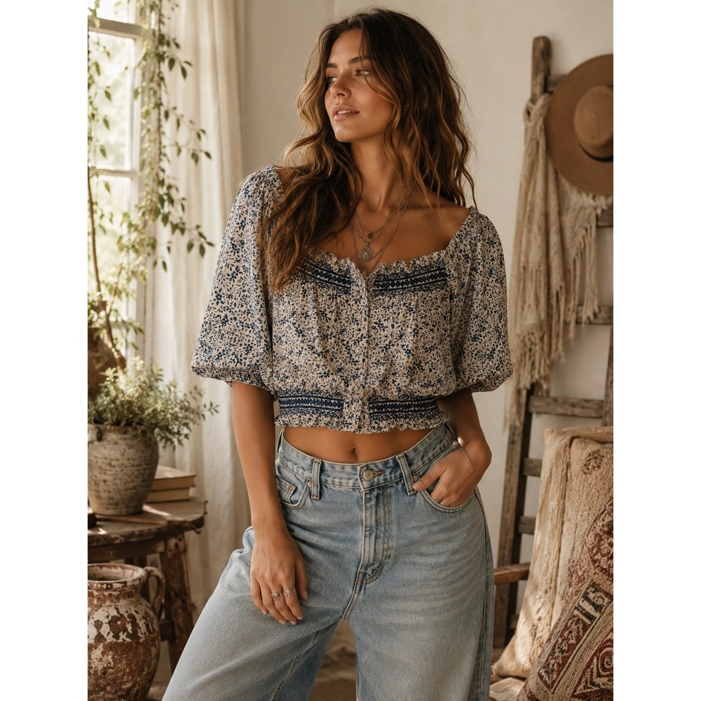 Madewell Blue Floral Smocked Puff Sleeve Crop Top XS Square Neck Embroidered